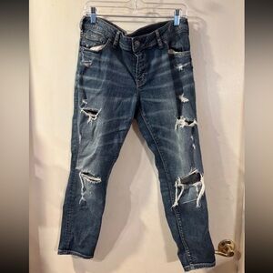 Silver Jeans Blue Ankle Cropped Distressed Denim